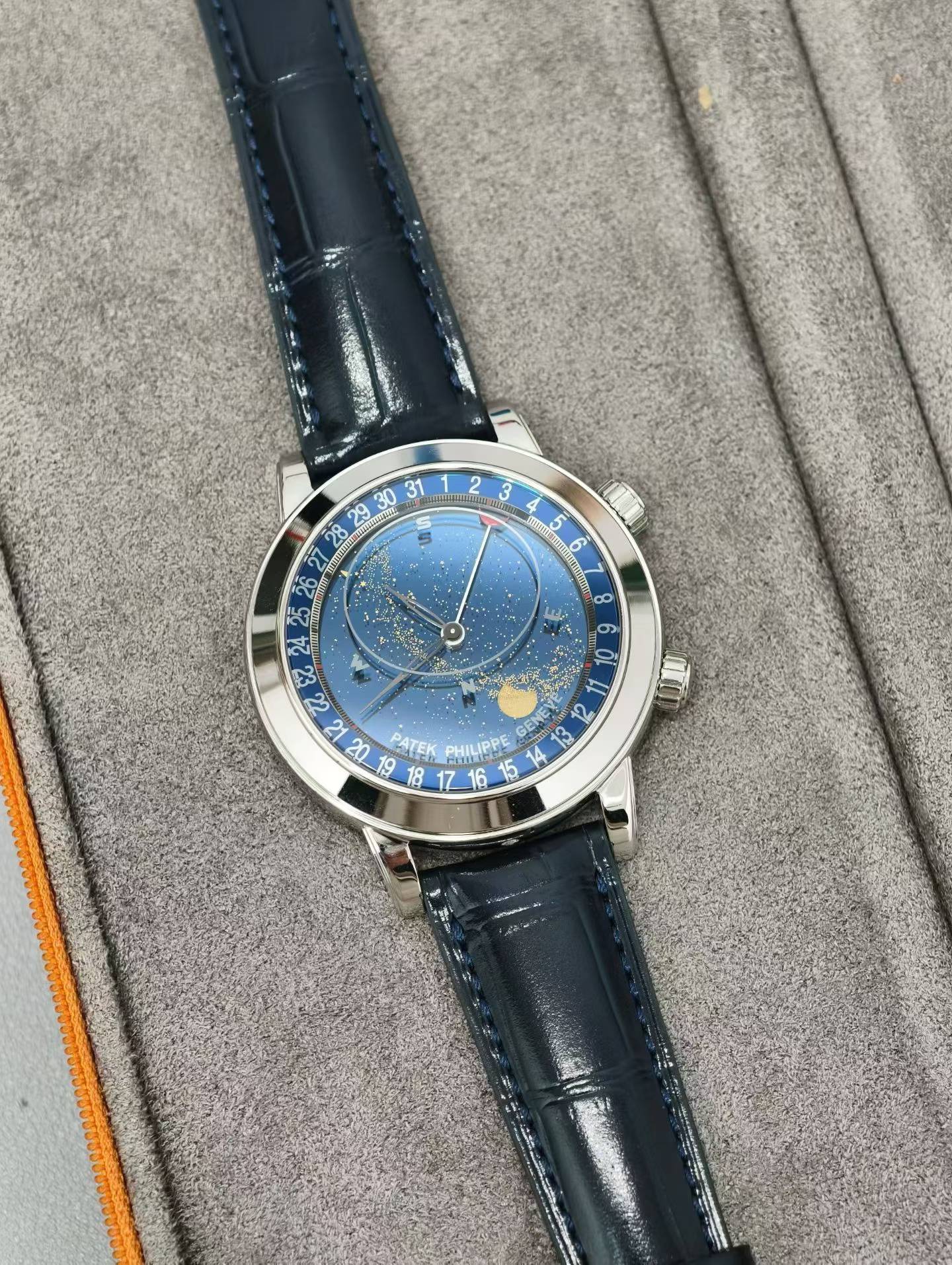 Exclusive custom‑molded Patek Philippe 6102P Celestial blue/black dial